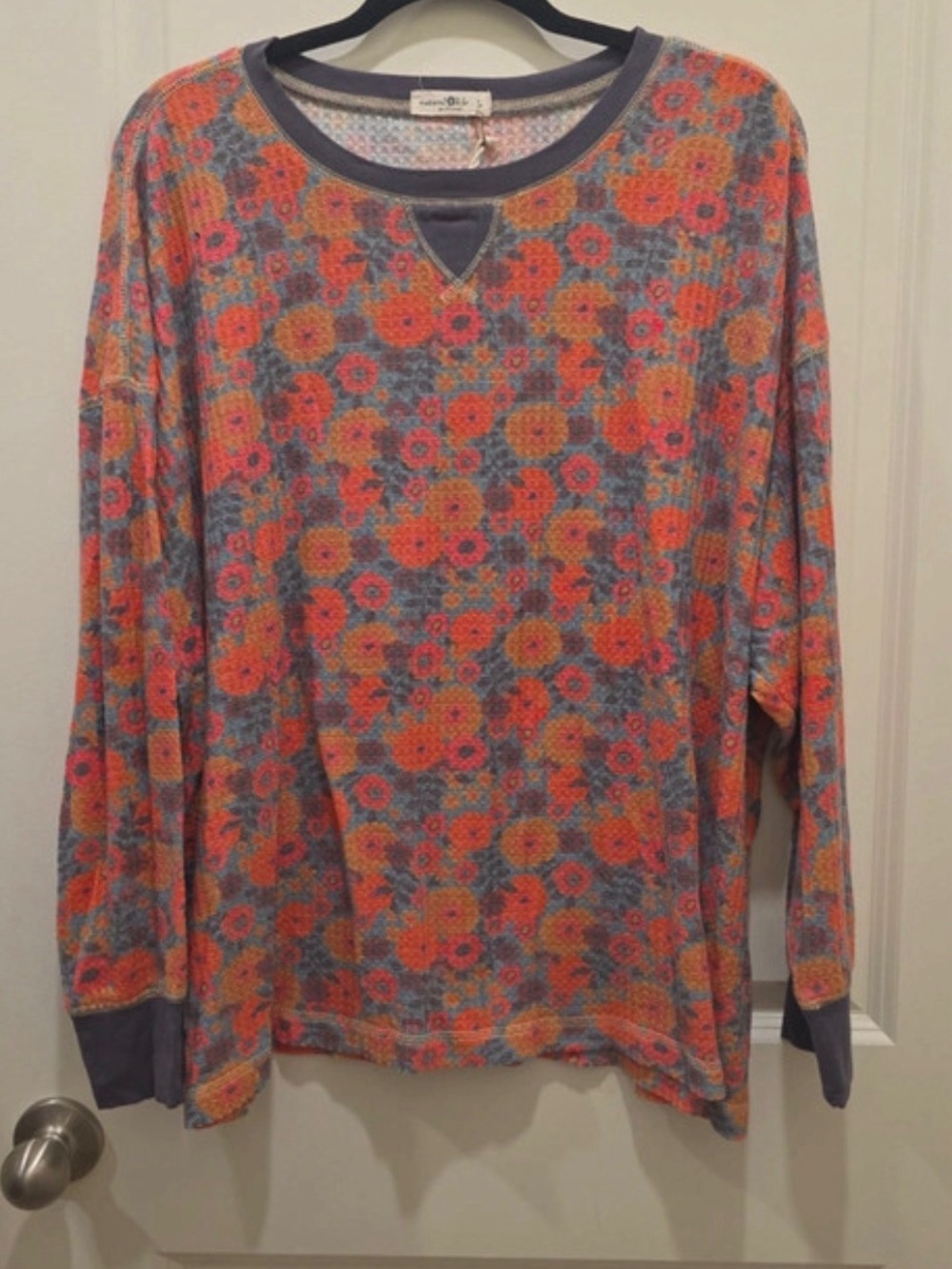 NATURAL LIFE Multicolor Floral Knit Top with Purple Trim